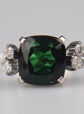 「9.5新」日本进口商品方型切工碧玺钻石戒指750白金54号