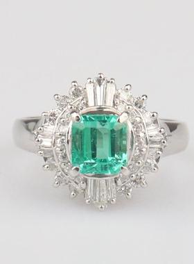 中古95新日本进口商品祖母绿群镶钻石戒指铂金90054号