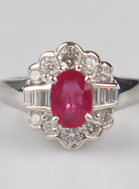 「9.5新」日本进口商品椭圆形切工红宝石钻石戒指PT85049号