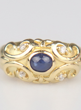 中古95新日本进口商品凸圆形切工蓝宝石钻石复古戒指K18黄金50号