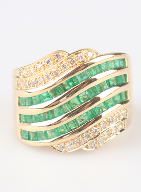 中古95新日本进口商品神秘镶嵌祖母绿钻石戒指18K黄金55号