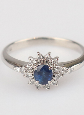 中古95新日本进口商品椭圆形蓝宝石钻石戒指铂金90054号戒指