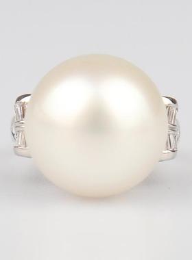 中古95新日本进口商品南洋白蝶珍珠钻石戒指铂金90052号