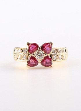 中古95新日本进口商品花形4颗红宝石钻石K18黄金49号戒指