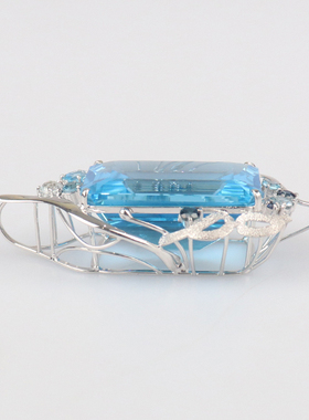 中古95新日本进口商品祖母绿切工蓝色托帕石钻石吊坠K18白金