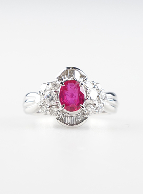 中古95新日本进口商品无烧椭圆形红宝石钻石戒指铂金85051号戒指