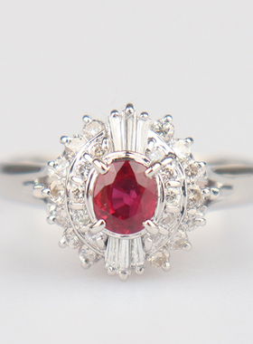 中古95新日本进口商品椭圆型切工红宝石钻石铂金90054号戒指