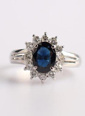 中古95新日本进口商品椭圆形切工蓝宝石钻石戒指铂金850戒指51号