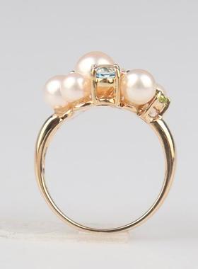 中古95新TASAKI塔思琦六颗海水珍珠彩宝石钻石戒指K18黄金53号