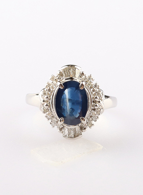 中古95新日本进口商品椭圆形切工蓝宝石钻石铂金900 56号戒指