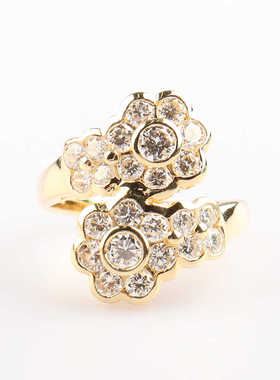 中古95新日本进口2个图案花形群镶钻石K18黄金52号戒指