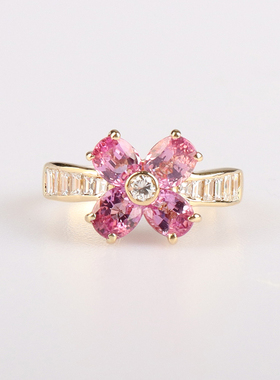 中古95新Ponte Vecchio花形粉色蓝宝石钻石K18黄金49号戒指