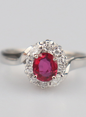 中古95新日本进口商品椭圆形切工红宝石钻石戒指铂金90051号