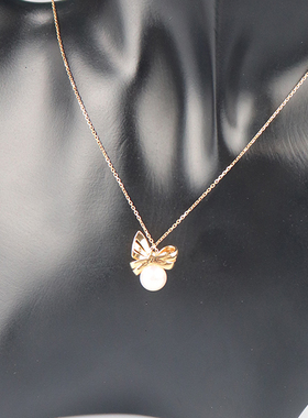 「9.5新」蝴蝶结珍珠钻石项链18K黄金45cm