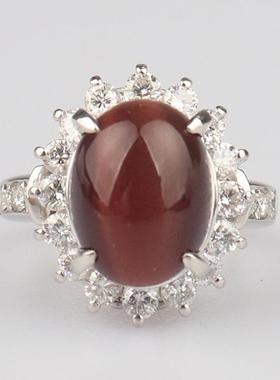 中古95新日本进口商品凸圆形切工虎眼石群镶钻石戒指铂金90049号