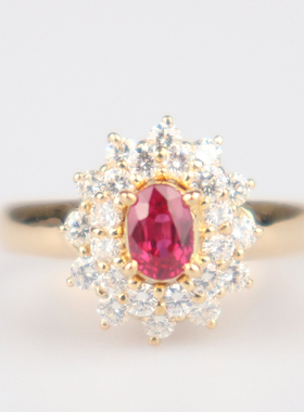 中古95新日本进口商品椭圆型切工红宝石钻石戒指K18黄金52号