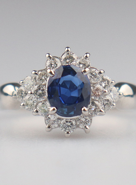 中古椭圆形切工蓝宝石钻石戒指铂金90054号