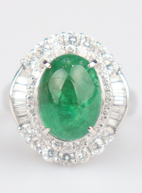 中古95新日本进口商品凸圆形切工祖母绿群镶钻石戒指铂金90050号