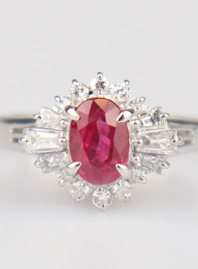 中古95新日本进口商品缅甸椭圆型切工红宝石钻石铂金90049号戒指