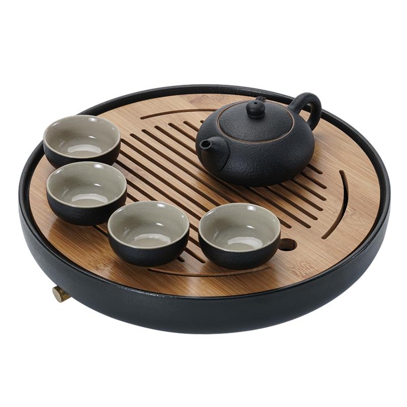 黑陶茶壶茶杯套装轻奢现代办公室小型竹制干泡台茶盘家用功夫茶具 - 图0