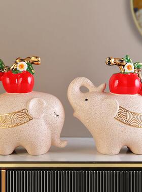 中式木纹事事如意大象一对摆件客厅电视柜家居装饰品乔迁新居礼物