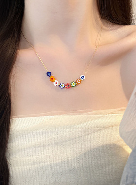 彩色琉璃花朵串珠项链女