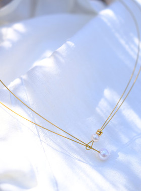 Catsway饰品 欧美通勤百搭淡水珍珠缠绕金线项链锁骨链子母珠项圈