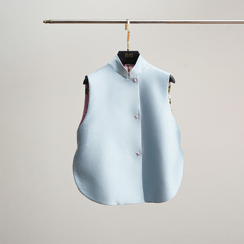 门里门外粉色拼蓝色花鸟兽纹双韵双面穿马甲BC25CM0318R - 图1