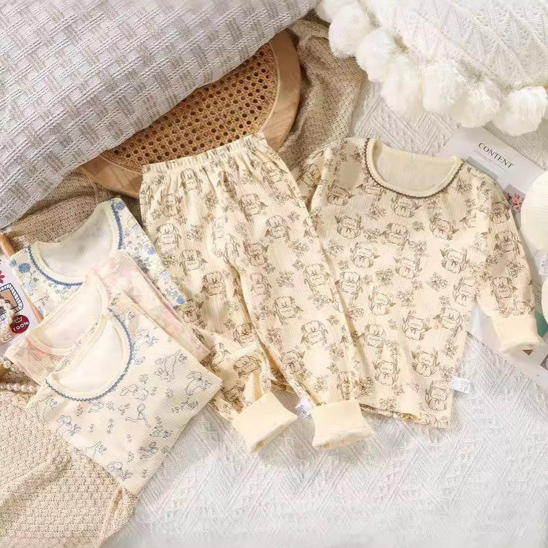 儿童秋衣秋裤无骨竖条棉毛睡衣中大童女孩卡通家居服套装,淘宝优惠券,粉丝福利购,淘宝优惠卷