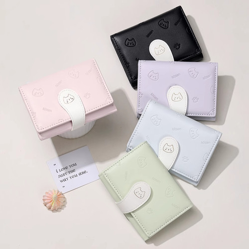 可爱卡通猫咪短款钱包小清新学生多卡位轻薄零钱包卡包皮搭扣钱夹 - 图0