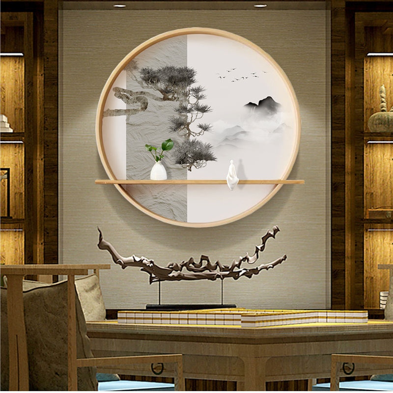 新中式圆形装饰画茶室禅意挂画玄关过道餐厅创意置物架水墨山水画 - 图2