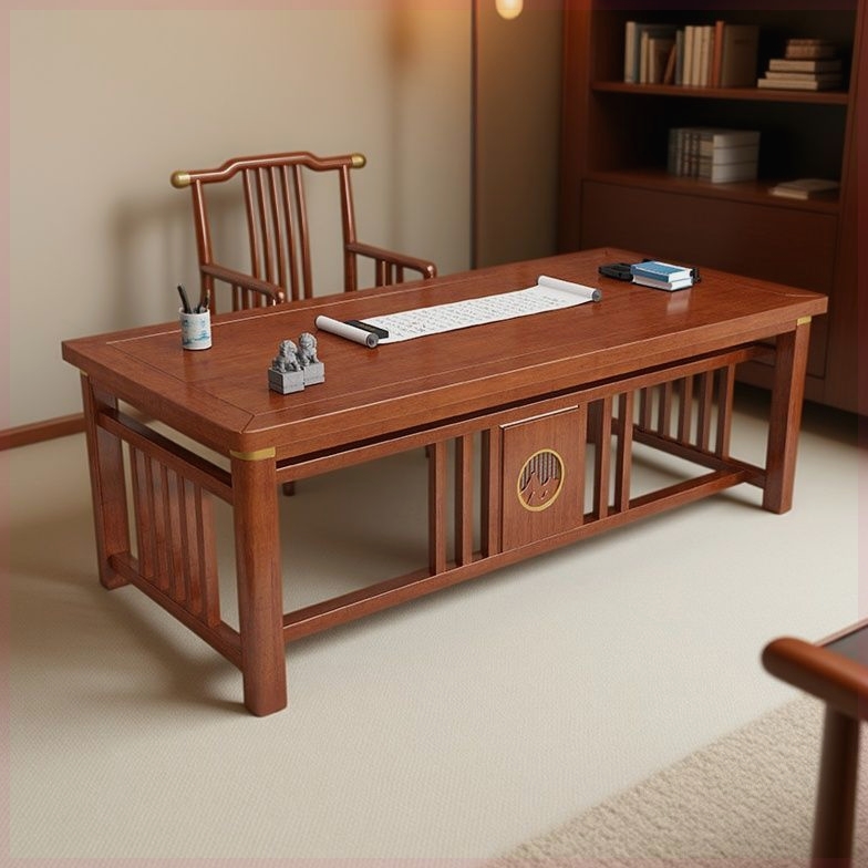 新中式实木书桌茶桌两用家用桌胡桃色花梨色写字台 - 图2