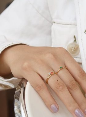 日系清新显白红白绿色戒指缤纷多彩不掉色可水洗法式细款叠戴指环