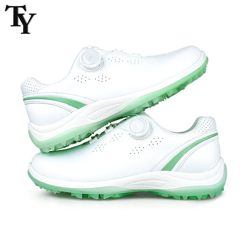 高尔夫球鞋女士防水防滑深齿鞋钉运动鞋旋钮鞋带透气超纤皮女鞋子 - 图0