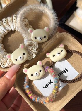 可爱轻松熊发圈ins咖色小熊花边