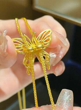 古法黄金色立体蝴蝶项链新中式气质轻奢小众高级抽拉式锁骨毛衣链