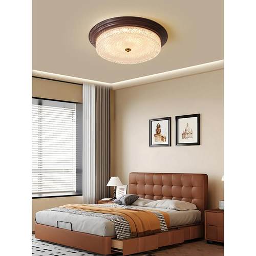 复古美式卧室灯中古风年新款吸顶灯护眼胡桃木色房间主卧灯具 - 图0