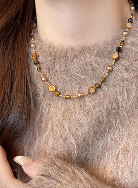 日本品质小众复古串珠虎眼石美拉德项链女款2025新款锁骨链大气高