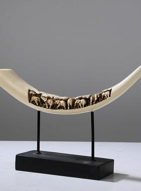 新中式雕刻牛角树脂摆件大象工艺品客厅样板间书房玄关摆设博古架