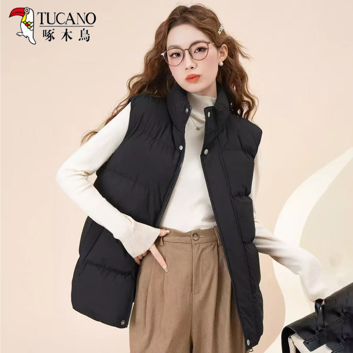 TUCANO啄木鸟羽绒棉宽松马甲女短款立领拉链保暖背心外套时尚百搭 - 图0
