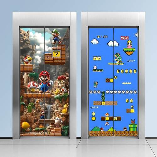 定制电影院商场入户电梯门贴纸装饰画一梯一户自粘超级马力马里奥 - 图2
