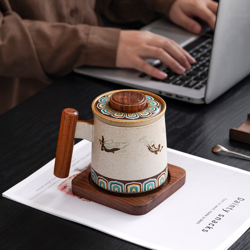 敦煌文创陶瓷马克杯木把带盖办公室过滤水杯茶水分离杯子礼品定制 - 图2