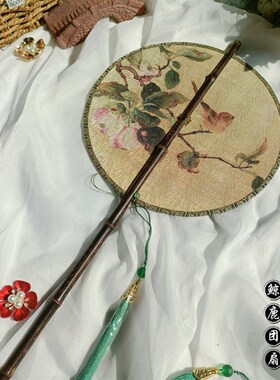 鲸鹿古画花鸟图紫竹长柄折叠旋转腰扇中式汉服国风汉服扇子