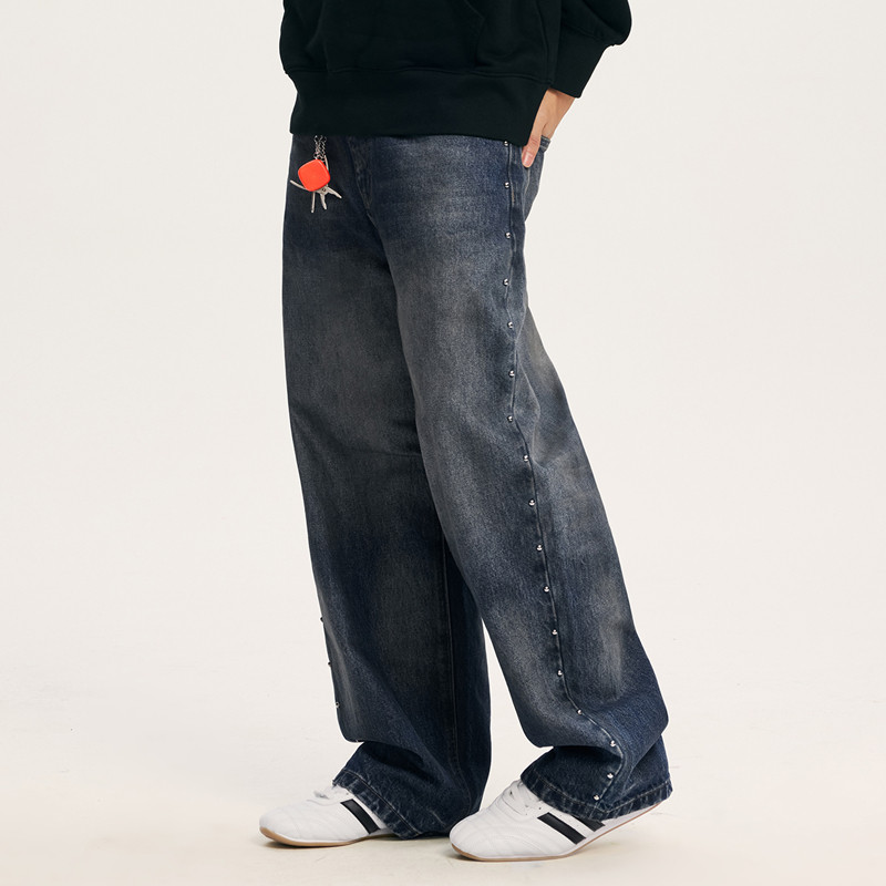 ecko红犀牛  水洗做旧直筒铆钉牛仔裤男2025秋季新款美式复古长裤,淘宝优惠券,粉丝福利购,淘宝优惠卷