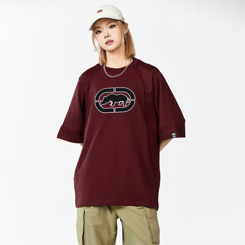 ecko红犀牛 短袖t恤男2025新款夏季贴布绣拼接圆领宽松青少年上衣