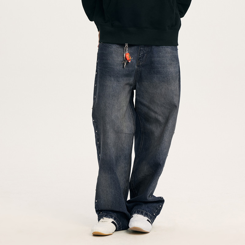 ecko红犀牛  水洗做旧直筒铆钉牛仔裤男2025秋季新款美式复古长裤,淘宝优惠券,粉丝福利购,淘宝优惠卷