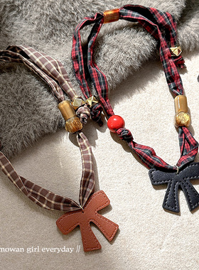 咖色布艺丝带蝴蝶结吊坠项链2025