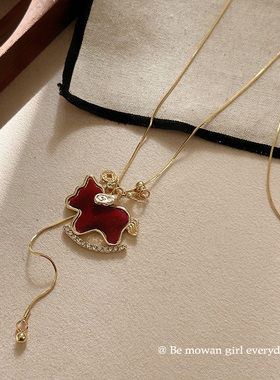 新年红色丝绒小马吊坠项链女秋冬