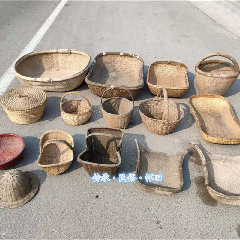 民俗怀旧老物件柳编针线簸箩簸箕柳条篮元宝蓝竹编提篮主题餐厅饰 - 图3