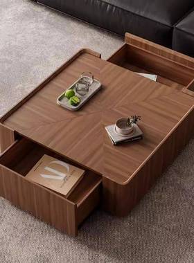 中古风简奢实木方形茶几家用客厅小户型简约现代胡桃木圆茶台组合